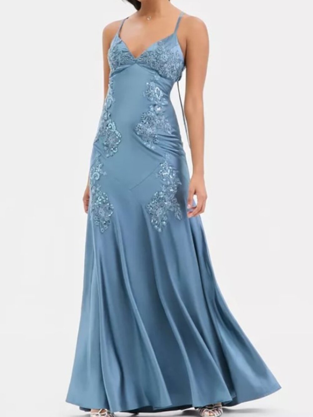 City Studio Juniors' Appliqué Satin Gown, Steel Blue, Size L